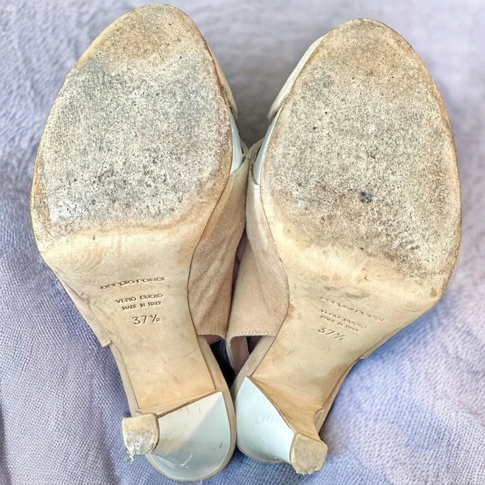 Sergio Rossi ‘Agathe’ Tan Suede & White Patent Peep Toe Slingback Heels Size 7.5